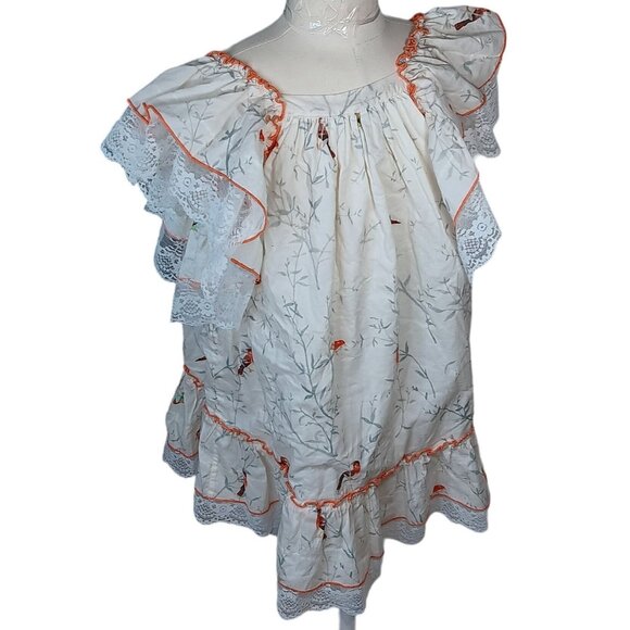 Fox & Heron Dress Bird Print Lace Trim Bow Girls 6 A Line Short Sleeves Comfort - Picture 2 of 14